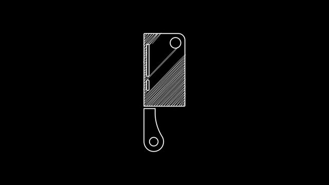 White line Meat chopper icon isolated on black background. Kitchen knife for meat. Butcher knife. Happy Halloween party. 4K Video motion graphic animation