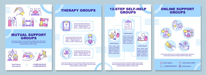 Support groups types brochure template. Online therapy. Booklet print design with linear icons. Vector layouts for presentation, annual reports, ads. Arial-Black, Myriad Pro-Regular fonts used