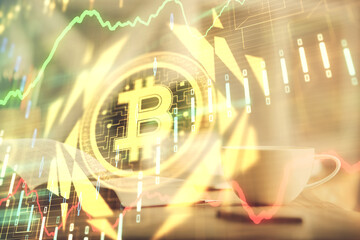 Double exposure of crypto technology drawing and desktop with coffee and items on table background....