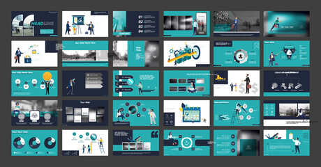 Graphic Design Project Presentation, powerpoint. Infographic Slide Template. For use in Flyer, SEO. Webinar Landing Page Template, Website Design, Banner. A team of people creates a business, teamwork - obrazy, fototapety, plakaty