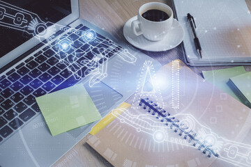 Multi exposure of technology theme drawing and desktop with coffee and items on table background. Concept of data research.