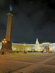 Palace Square in St. Petersburg, Alexandria Column, General Staff Building and natural spruce,...