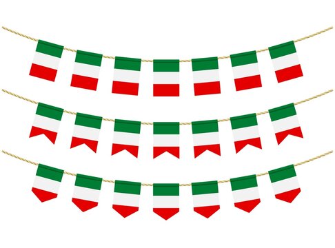 Italy flag on the ropes on white background. Set of Patriotic bunting flags. Bunting decoration of Italy flag