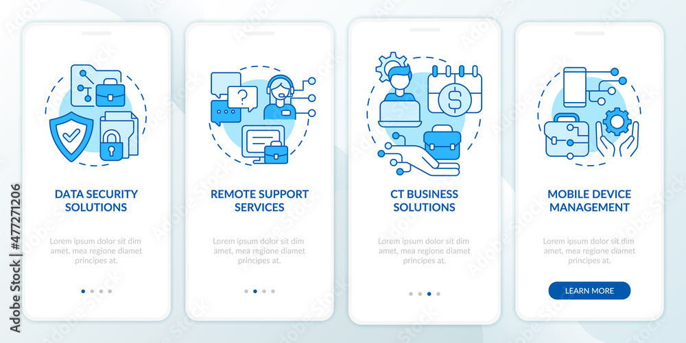 Poster computer services for business blue onboarding mobile app screen. walkthrough 4 steps graphic instru