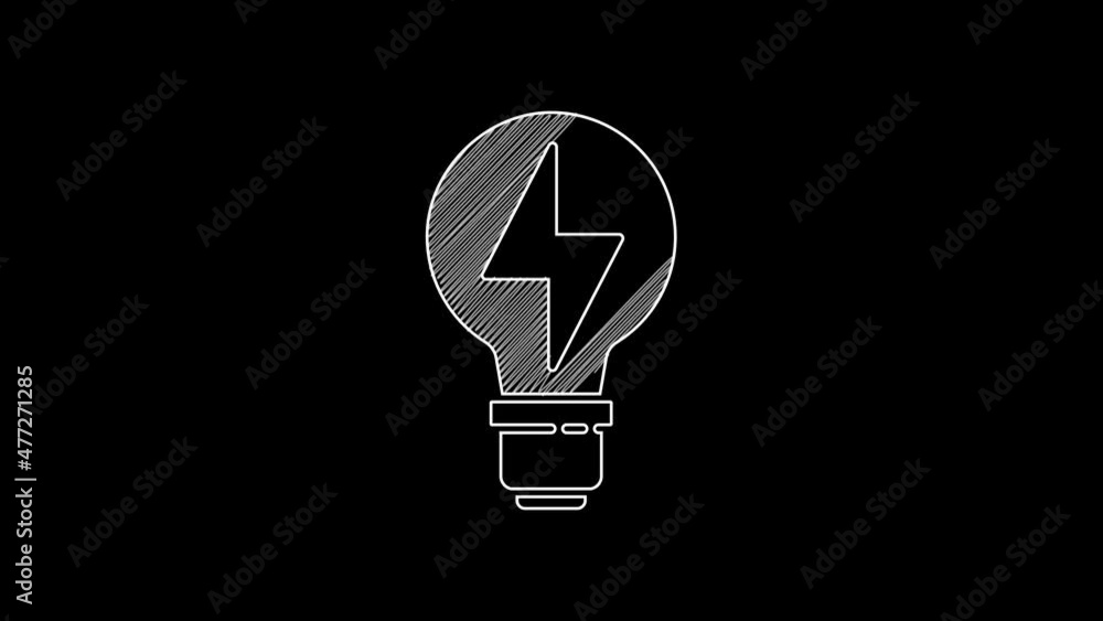 Sticker White line Light bulb with lightning symbol icon isolated on black background. Light lamp sign. Idea symbol. 4K Video motion graphic animation