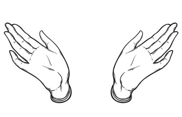 Obraz premium Open hands. Hand drawn illustration. Occult design vector illustration. Dotwork ink tattoo flash design. Vector isolated on white. Astrology, Sacred Spirit.
