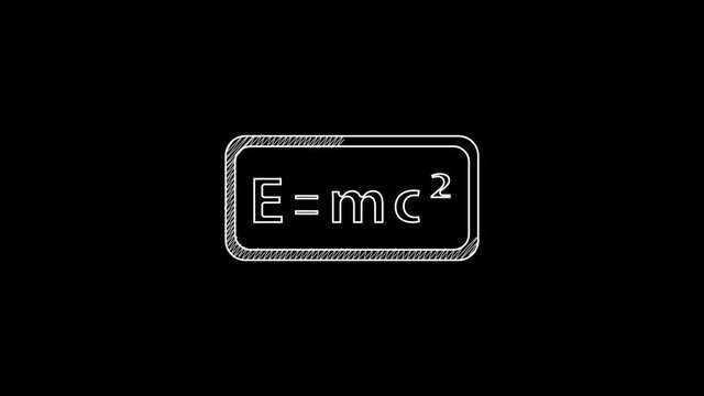 White line Math system of equation solution icon isolated on black background. E equals mc squared equation on computer screen. 4K Video motion graphic animation