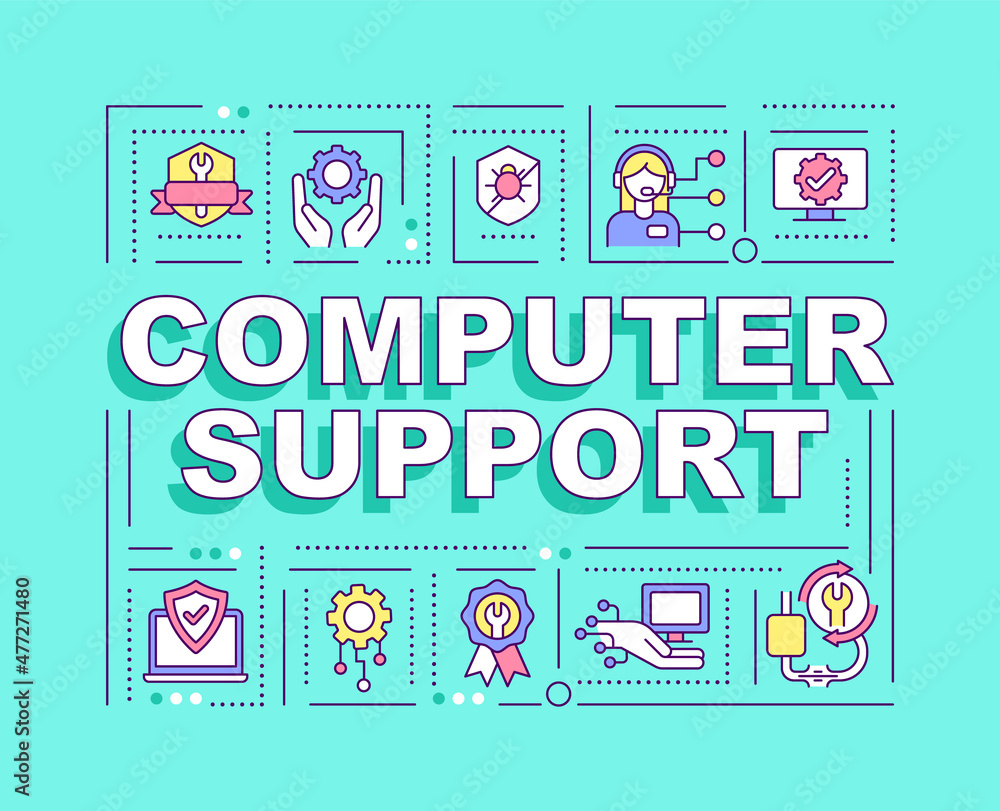 Poster computer support word concepts blue banner. pc maintenance. infographics with linear icons on backgr