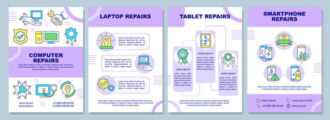 Repair services brochure template. Laptop and pc. Booklet print design with linear icons. Vector layouts for presentation, annual reports, ads. Arial-Black, Myriad Pro-Regular fonts used