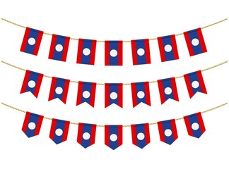 Fototapeta premium Laos flag on the ropes on white background. Set of Patriotic bunting flags. Bunting decoration of Laos flag