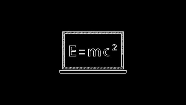 White line Math system of equation solution on chalkboard icon isolated on black background. E equals mc squared equation on computer screen. 4K Video motion graphic animation
