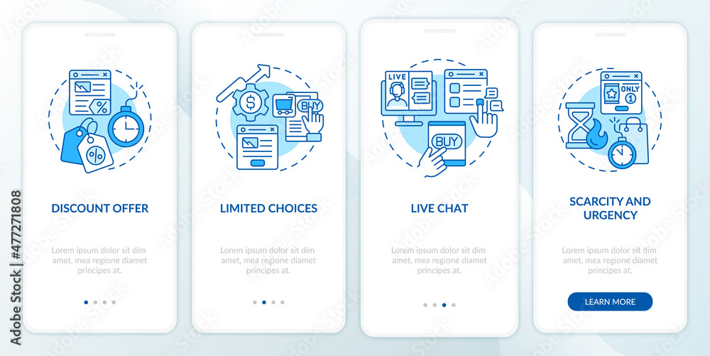 Poster landing page strategies blue onboarding mobile app screen. website walkthrough 4 steps graphic instr