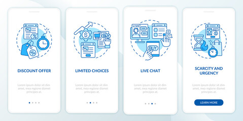 Landing page strategies blue onboarding mobile app screen. Website walkthrough 4 steps graphic instructions pages with linear concepts. UI, UX, GUI template. Myriad Pro-Bold, Regular fonts used