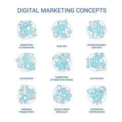 Digital marketing and strategies turquoise concept icons set. Business ads online idea thin line color illustrations. Isolated outline drawings. Roboto-Medium, Myriad Pro-Bold fonts used