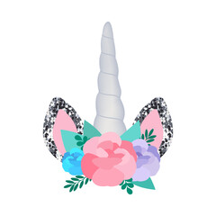 Unicorn head template. Glitter ears and horn, flowers. For greeting card, postcards, declaration of love, labels. posters.