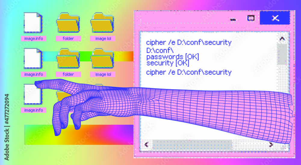 Poster abstract technology background with glitchy pixels and low poly 3d hand. vaporwave retofuturistic st