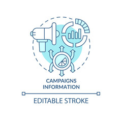 Campaigns information turquoise concept icon. Analyze ways of advertisement abstract idea thin line illustration. Isolated outline drawing. Editable stroke. Roboto-Medium, Myriad Pro-Bold fonts used