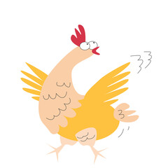 One orange chicken running in fear from someone. Cute vector illustration isolated on white background