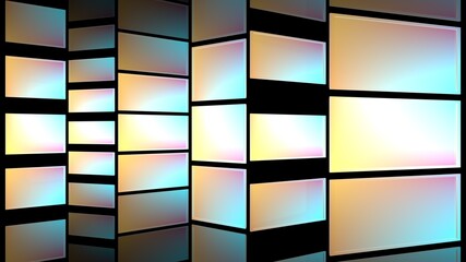 Colored neon screen on a black background.Yellow-pink orange neon frames glowing screens reflection background 3D renderer.Blank colorful tv projector monitor design.