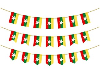 Obraz premium Myanmar flag on the ropes on white background. Set of Patriotic bunting flags. Bunting decoration of Myanmar flag