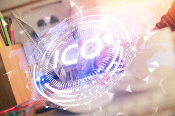 Double exposure of woman hands typing on computer and crypto market theme hologram drawing. Blockchain concept.