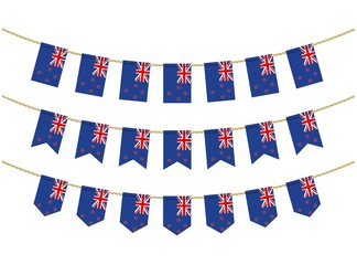 Fototapeta premium New Zealand flag on the ropes on white background. Set of Patriotic bunting flags. Bunting decoration of New Zealand flag