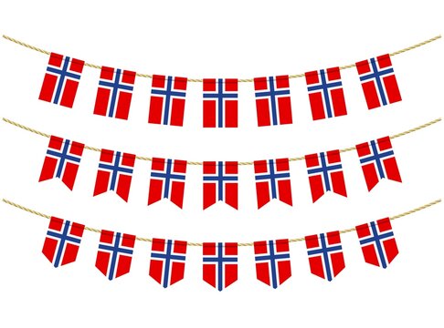 Norway flag on the ropes on white background. Set of Patriotic bunting flags. Bunting decoration of Norway flag