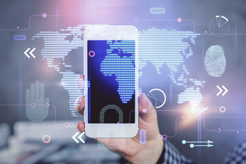 Multi exposure of man's hands holding and using a digital device and map drawing. International business concept.