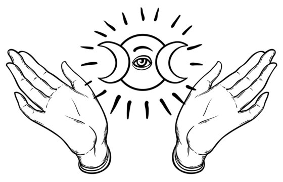 Female hands open around masonic symbol. New World Order. Hand-drawn alchemy, religion, spirituality, occultism. Black and white vector illustration in vintage style isolated on white.