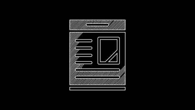 White line Newspaper advertisement displaying obituaries icon isolated on black background. 4K Video motion graphic animation