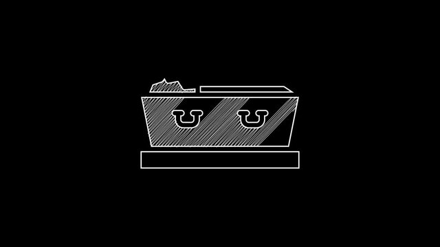 White line Open coffin with dead deceased body icon isolated on black background. Funeral after death. Corpse in an open hearse for burial. 4K Video motion graphic animation