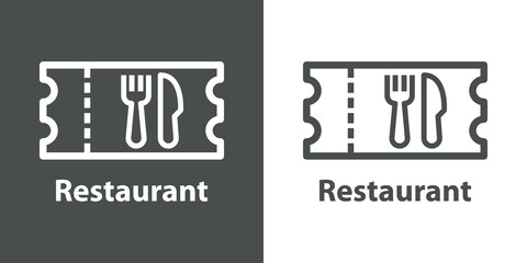 Logo comida online. Icono ticket con cubiertos con texto Restaurant con líneas en fondo gris y fondo blanco