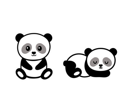 Set of stylized cute baby pandas in different positions - sleeping, sitting isolated on white background. Vector illustration for kids.