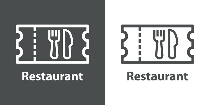 Logo comida online. Icono ticket con cubiertos con texto Restaurant con líneas en fondo gris y fondo blanco