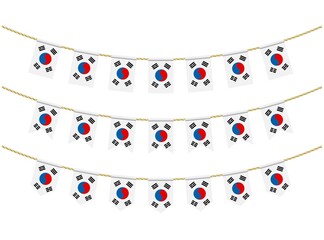 South korea flag on the ropes on white background. Set of Patriotic bunting flags. Bunting decoration of South korea flag