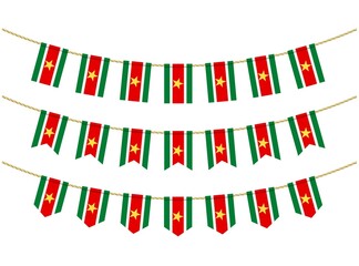 Suriname flag on the ropes on white background. Set of Patriotic bunting flags. Bunting decoration of Suriname flag