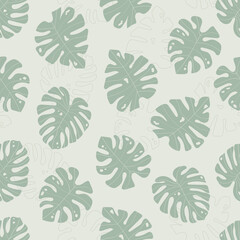 Tropical seamless pattern with monstera leaves. Trendy minimalistic botanical background. Exotic vector illustration of plants in pastel colors.