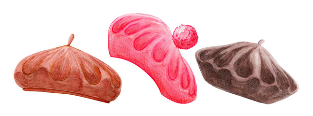 Watercolor set of warm berets. Fashionable hat. A piece of clothing to protect the head from cold weather. Stylish accessory. Autumn mood. Hand drawn illustration isolated on white background.