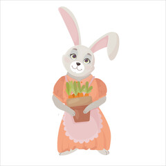 Funny Rabbit with a carrot in a cartoon style. Hare is a farmer. Vector illustration isolated on white background.