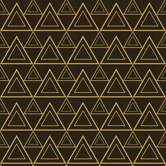 Modèle sans couture de triangles dorés avec ornement géométrique sur fond noir. Échantillon de texture de tissu, papier peint sans soudure. Illustration vectorielle