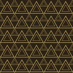 Gardinen Nahtloses Muster aus goldenen Dreiecken mit geometrischer Verzierung auf schwarzem Hintergrund. Stoffmuster, nahtlose Tapete. Vektor-Illustration © PETR BABKIN