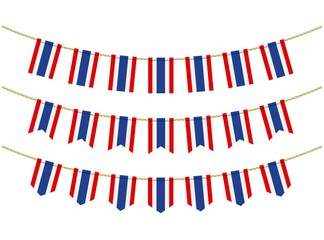 Thailand flag on the ropes on white background. Set of Patriotic bunting flags. Bunting decoration of Thailand flag