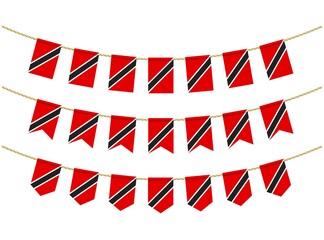 Trinidad and Tobago flag on the ropes on white background. Set of Patriotic bunting flags. Bunting decoration of Trinidad and Tobago flag