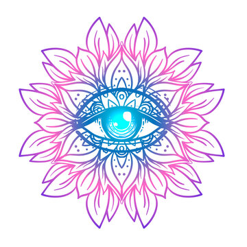 Sacred geometry symbol with all seeing eye in acid colors. Mystic, alchemy, occult concept. Design for indie music cover, t-shirt print, psychedelic poster, flyer. Astrology, esoteric, religion.