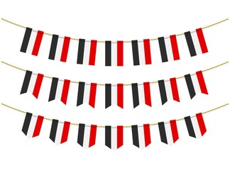 Obraz premium Yemen flag on the ropes on white background. Set of Patriotic bunting flags. Bunting decoration of Yemen flag