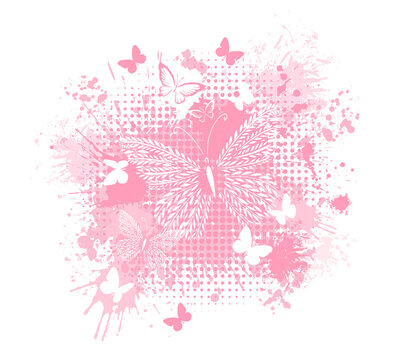 Delicate white butterflies on pink blots. Vector illustration