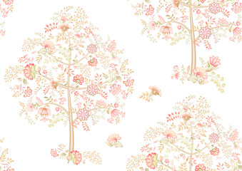 Obraz na płótnie Canvas A lot of different fantasy flowers. Millefleurs trendy floral design. Blooming midsummer meadow seamless pattern. Seamless pattern, background. Vector illustration. Gradients colors