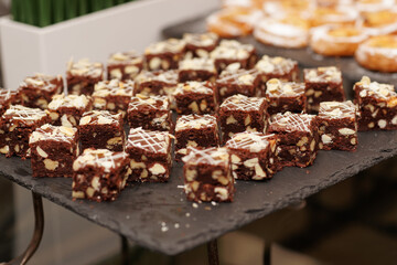 Chocolate brownies on banquet table