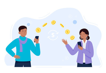 An Indian man sends money from a smartphone to a female colleague or coworker. People make contactless cash or currency transactions on the internet. Easy banking concept. Vector flat illustration.