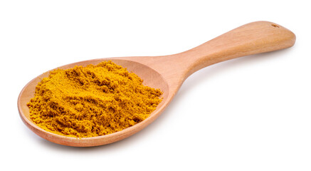 Turmeric Powder on a wooden spoon on white background, Curry Powder in wooden Bowl isolated on white background With clipping path.